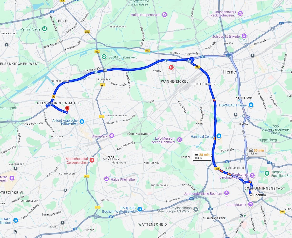 Anreise von Bochum Zu Gelsenkirchen Über via B226 and A42