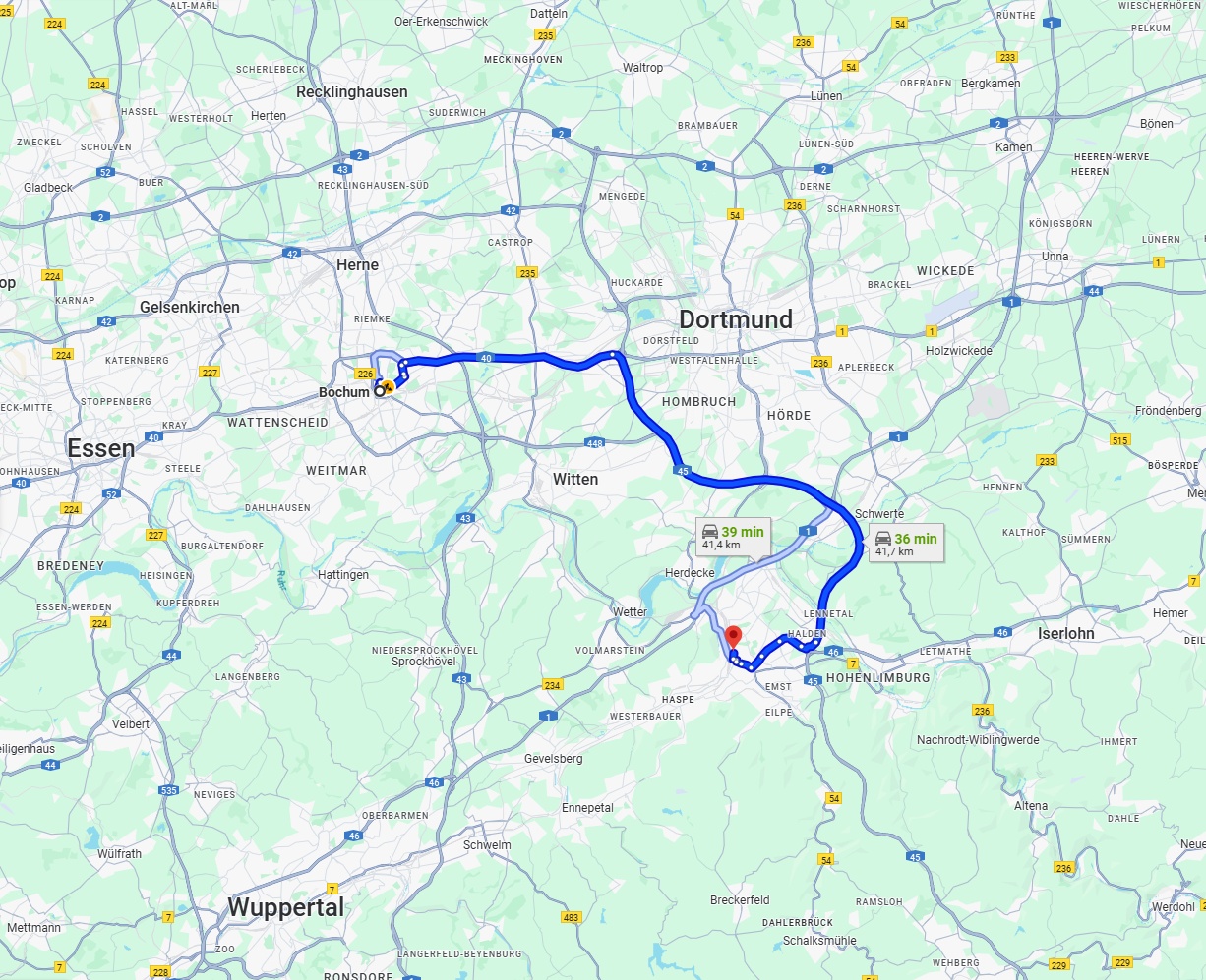 Anreise von Bochum Zu Hagen Über via A40 and A45