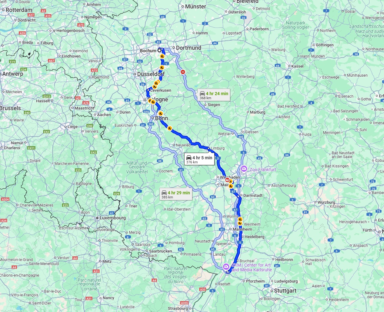 Anreise von Bochum Zu Karlsruhe Über via A3 and A5