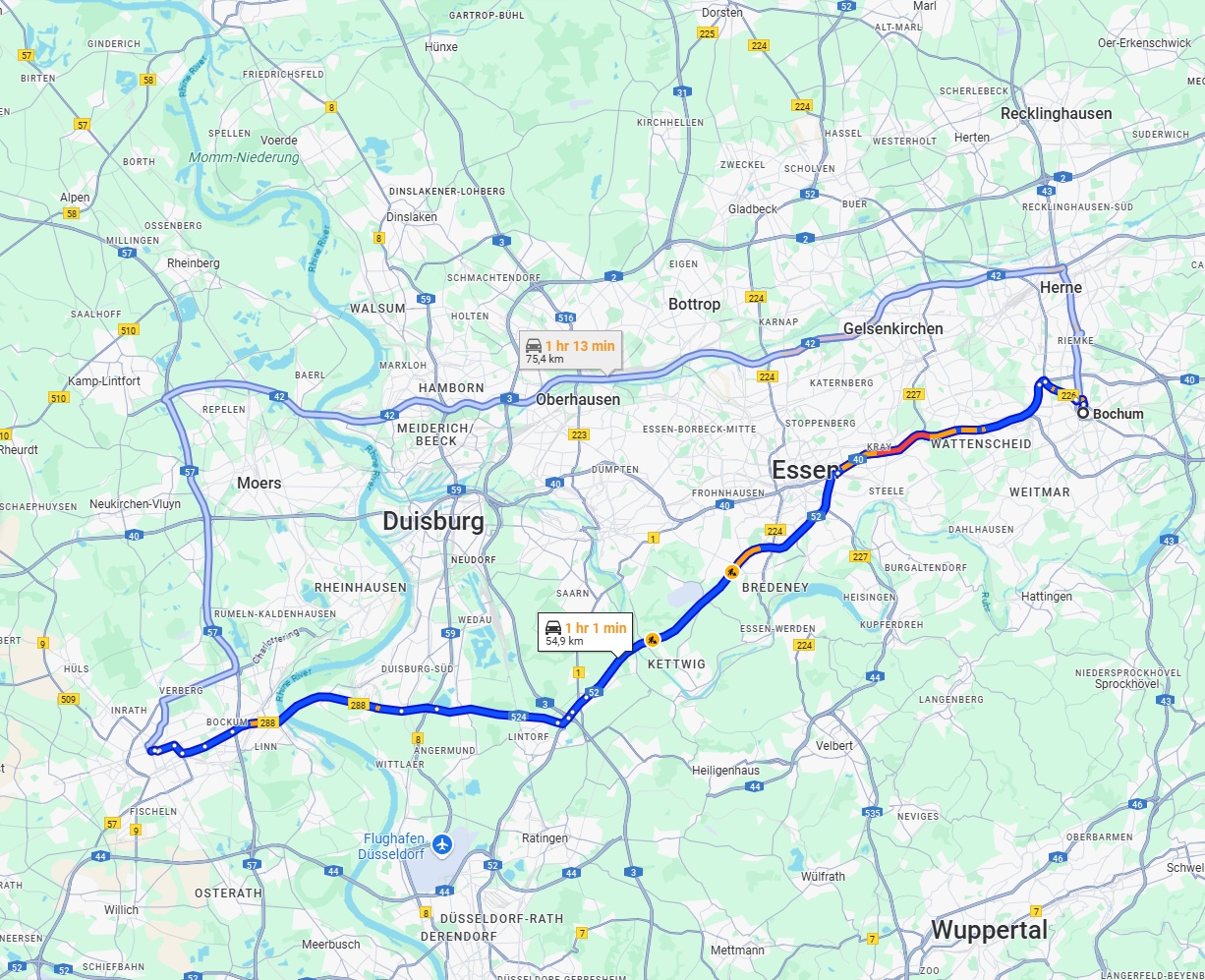 Anreise von Bochum Zu Krefeld Über via A52
