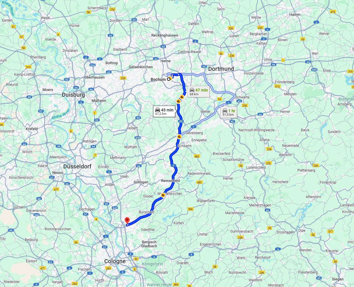 Anreise von Bochum Zu Leverkusen Über via A43 and A1