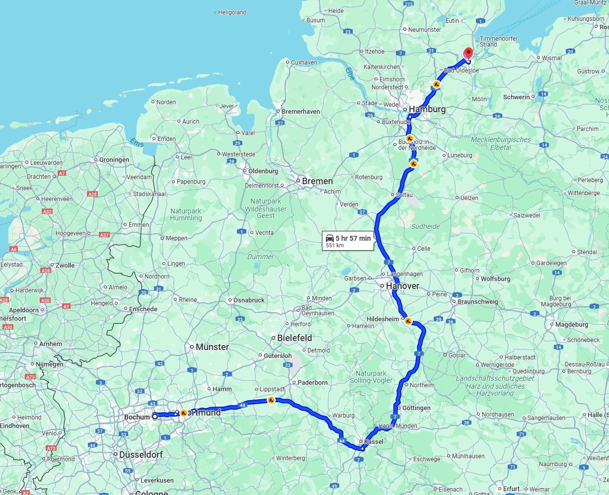 Anreise von Bochum Zu Lübeck Über via A44 and A7