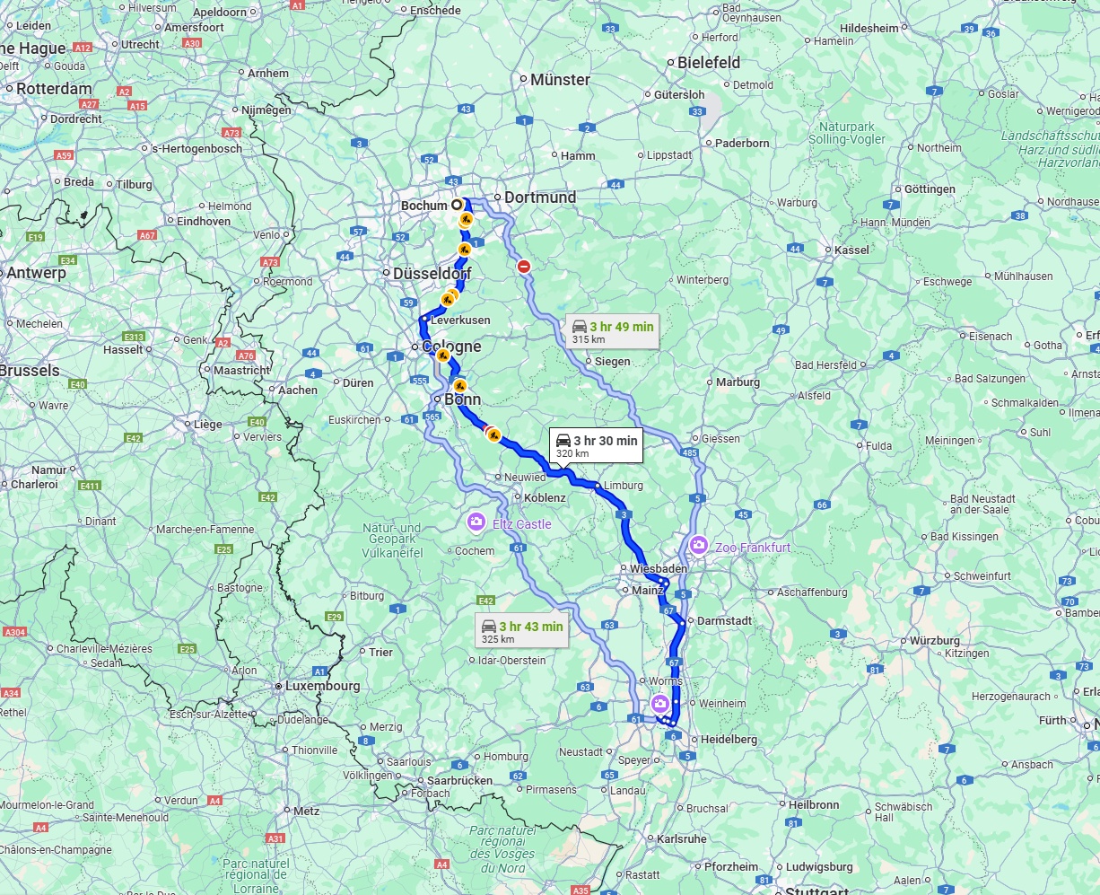 Anreise von Bochum Zu Mannheim Über via A3