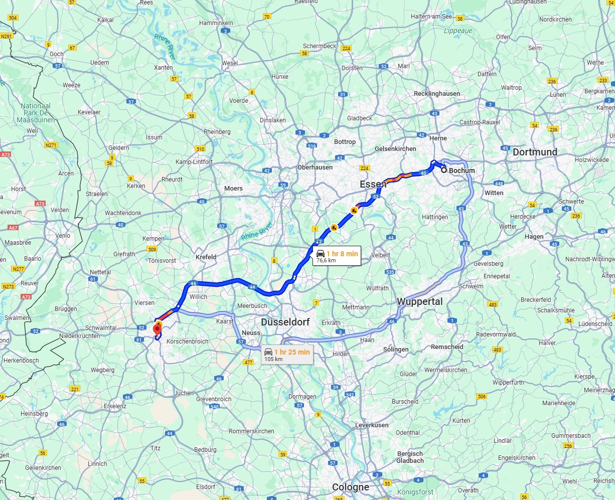 Anreise von Bochum Zu Mönchengladbach Über via A44 and A52