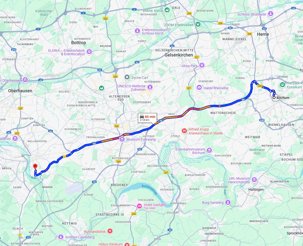 Anreise von Bochum Zu Mülheim an der Ruhr Über via A40