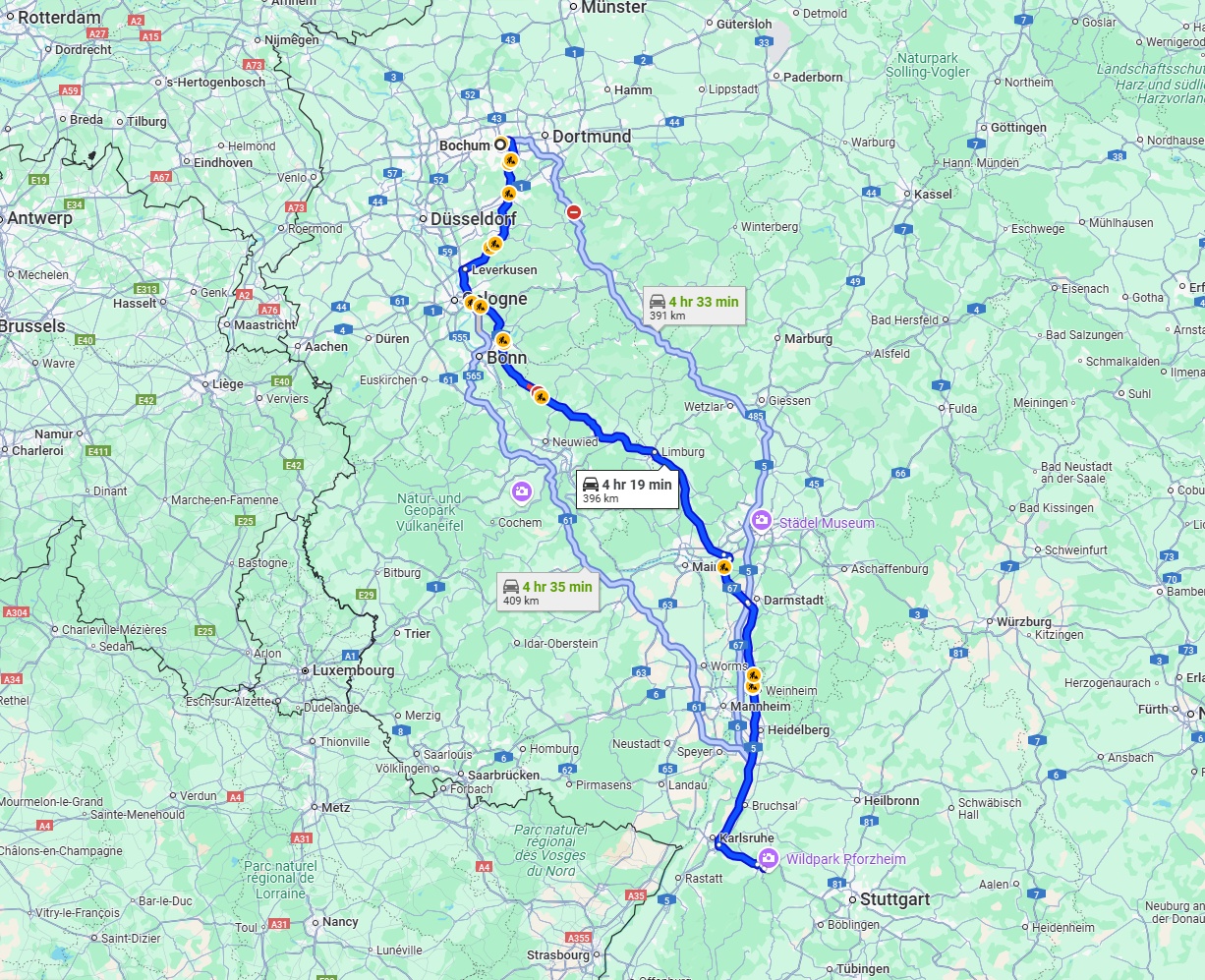 Anreise von Bochum Zu Pforzheim Über via A3 and A5