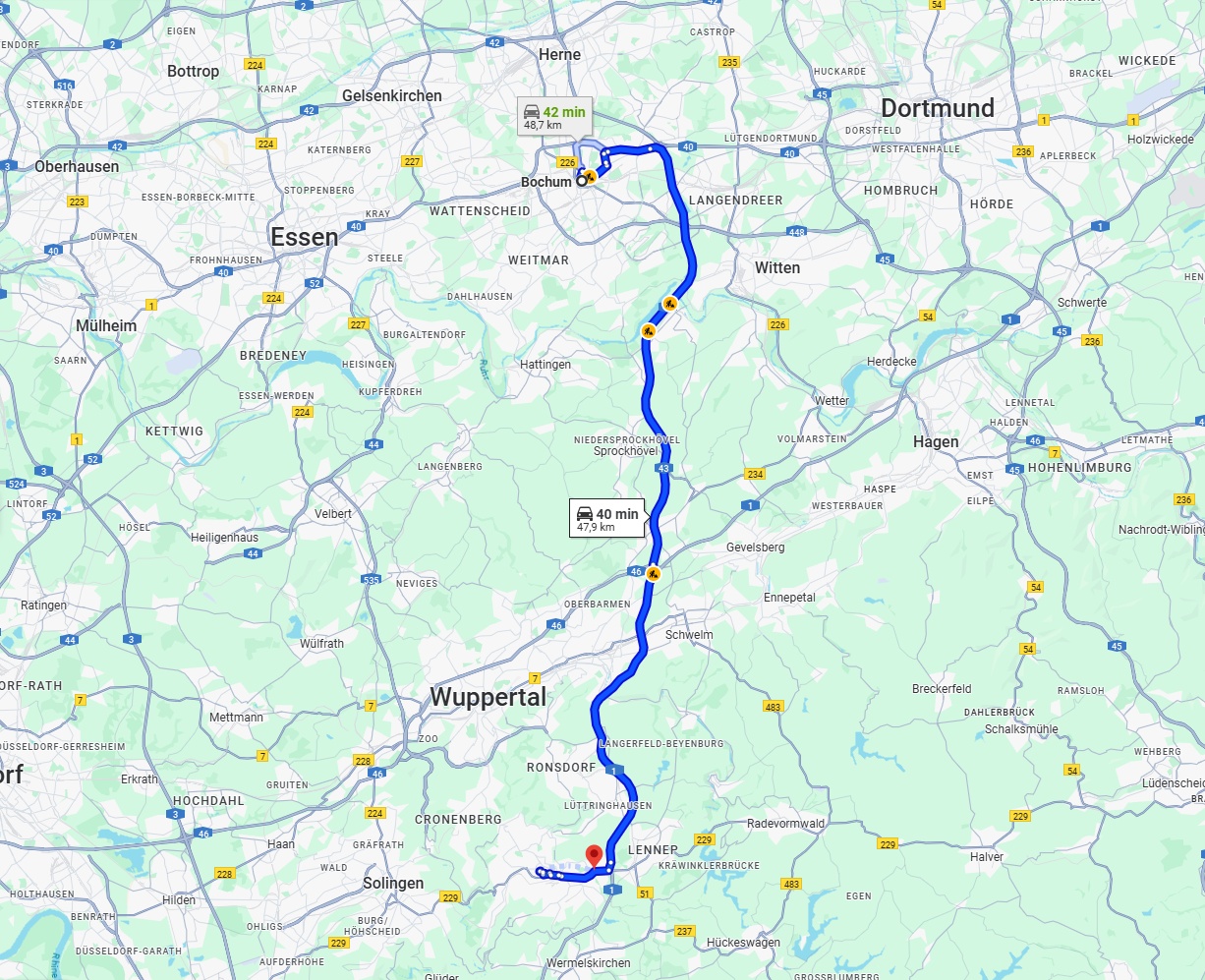 Anreise von Bochum Zu Remscheid Über via A43 and A1