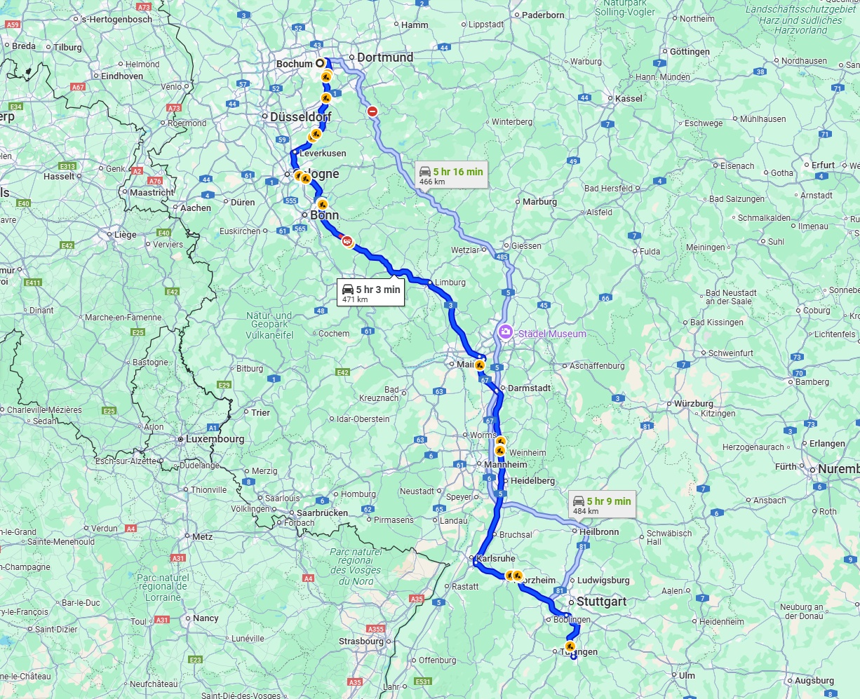 Anreise von Bochum Zu Reutlingen Über via A3