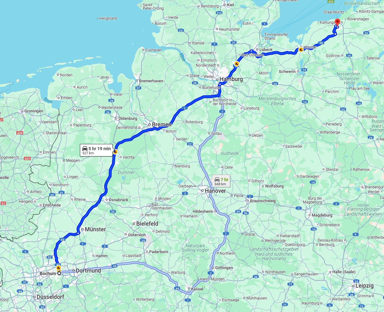 Anreise von Bochum Zu Rostock Über via A1
