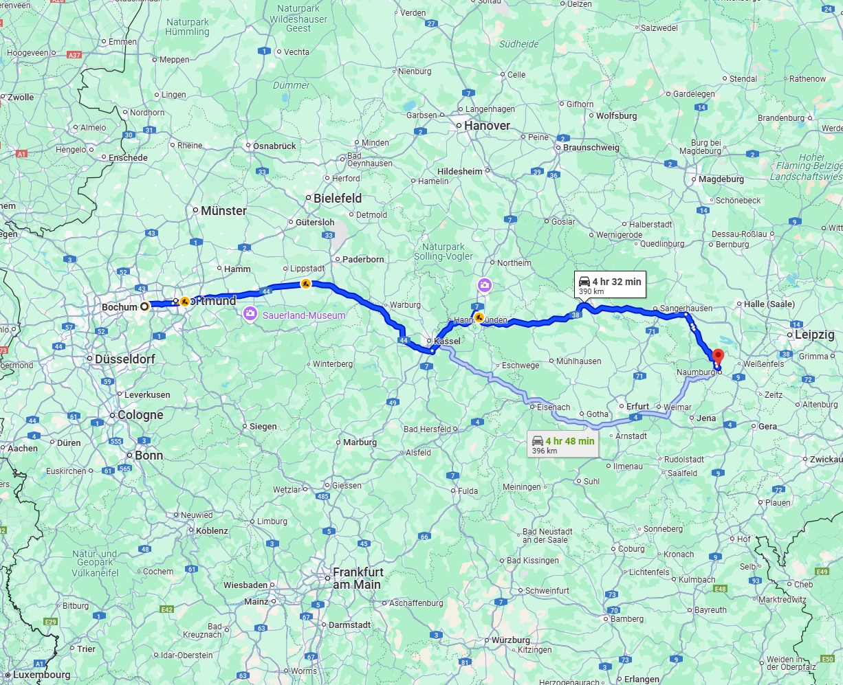 Anreise von Bochum Zu Saale Über via A44 and A38