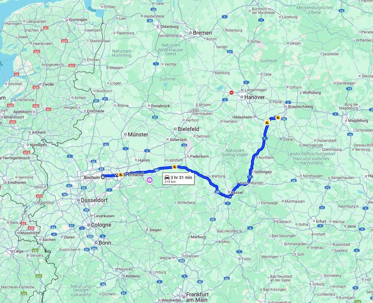 Anreise von Bochum Zu Salzgitter Über via A44 and A7