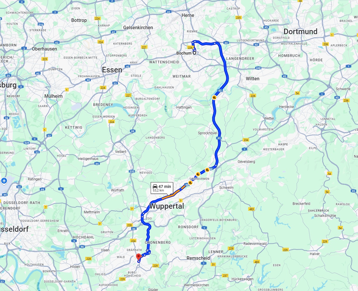 Anreise von Bochum Zu Solingen Über via A43 and A46