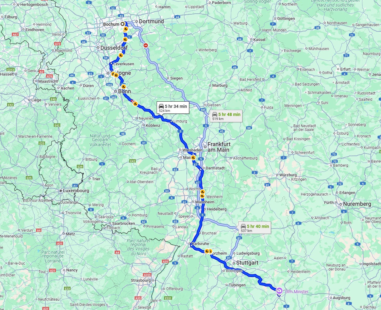 Anreise von Bochum Zu Ulm Über via A3 and A8
