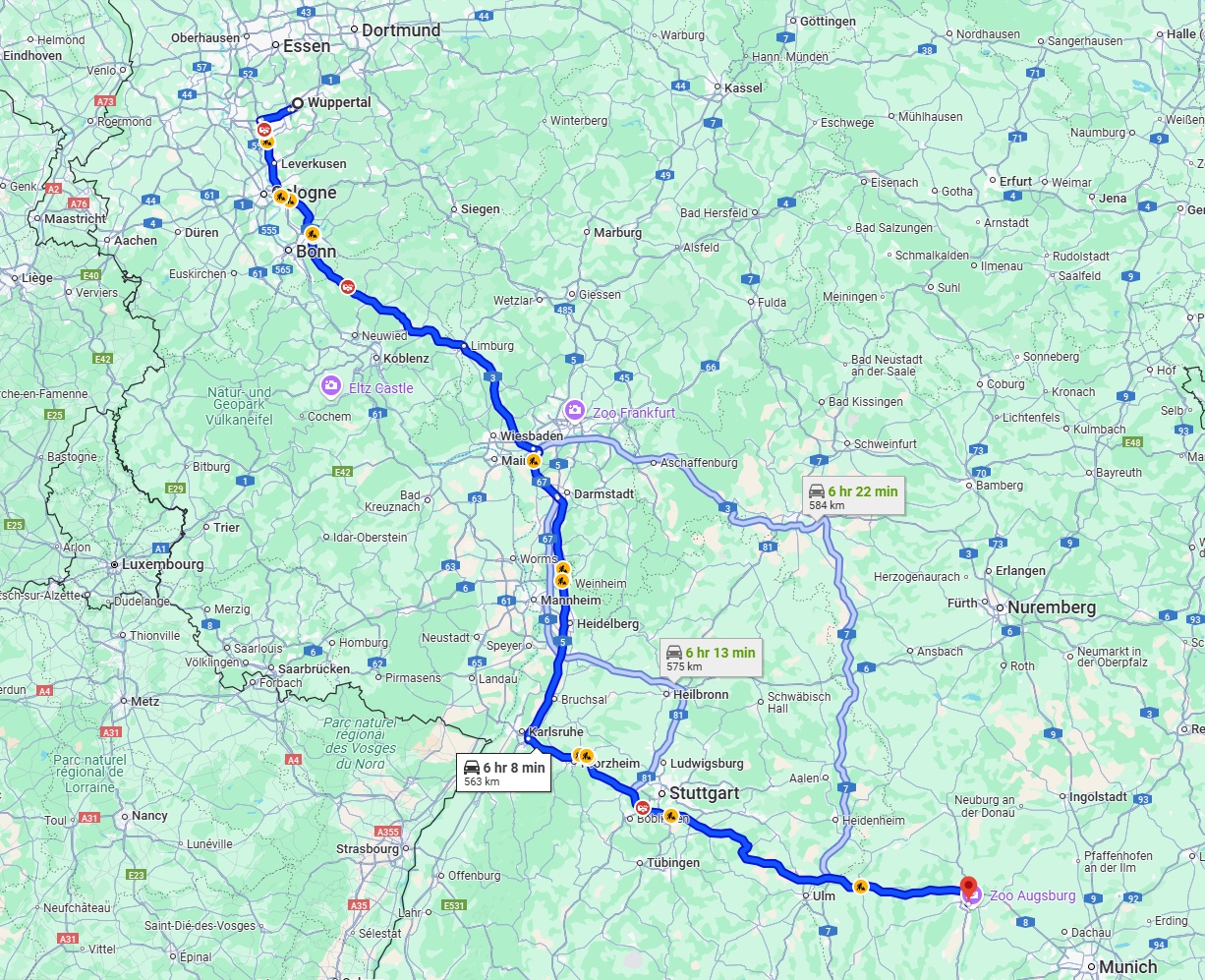 Anreise von Wuppertal Zu Augsburg Über via A3 and A8