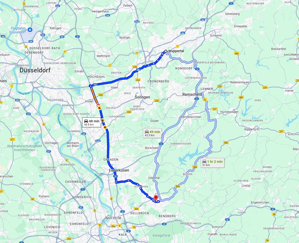Anreise von Wuppertal Zu Bergisch Gladbach Über via A3