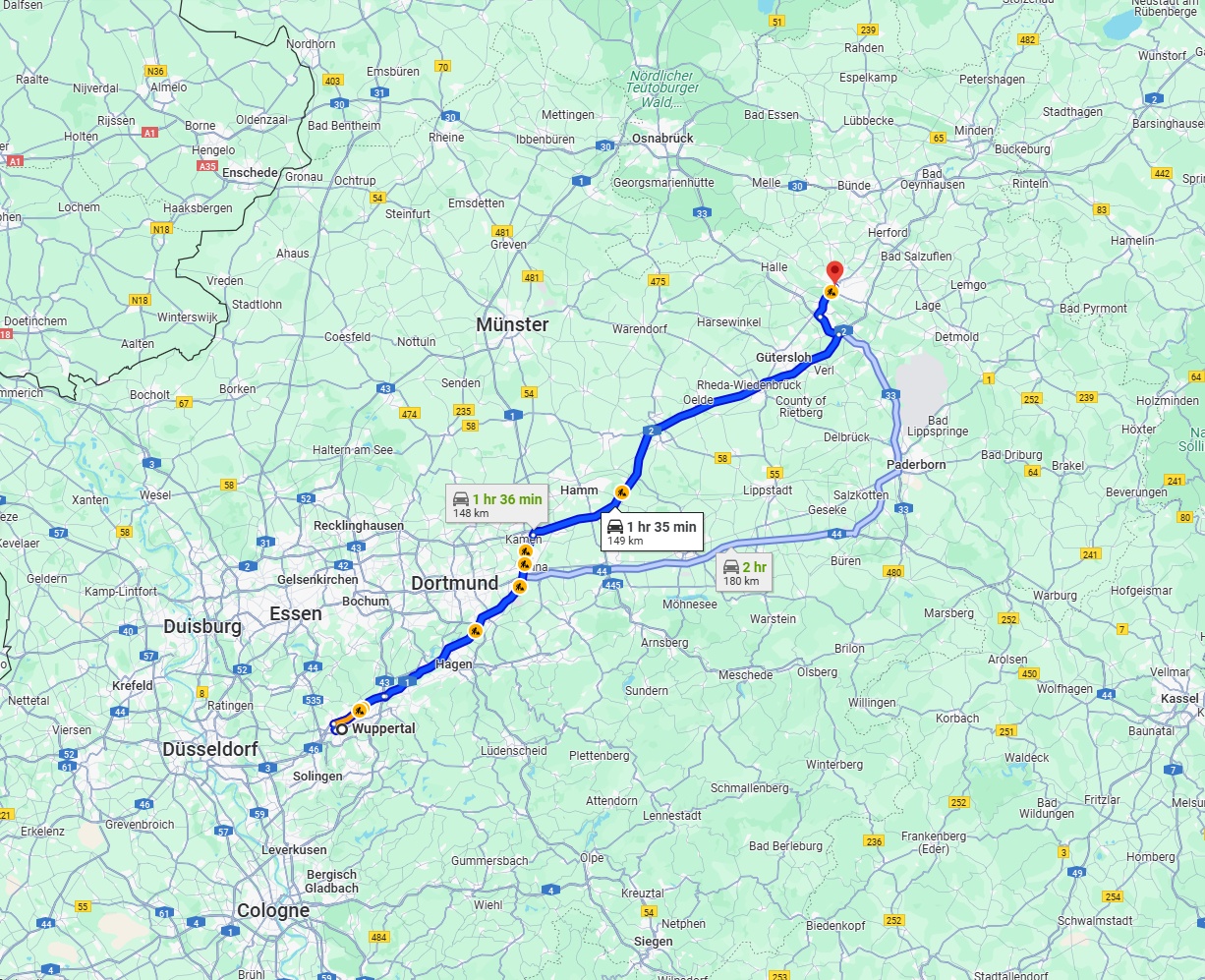 Anreise von Wuppertal Zu Bielefeld Über via A1 and A2