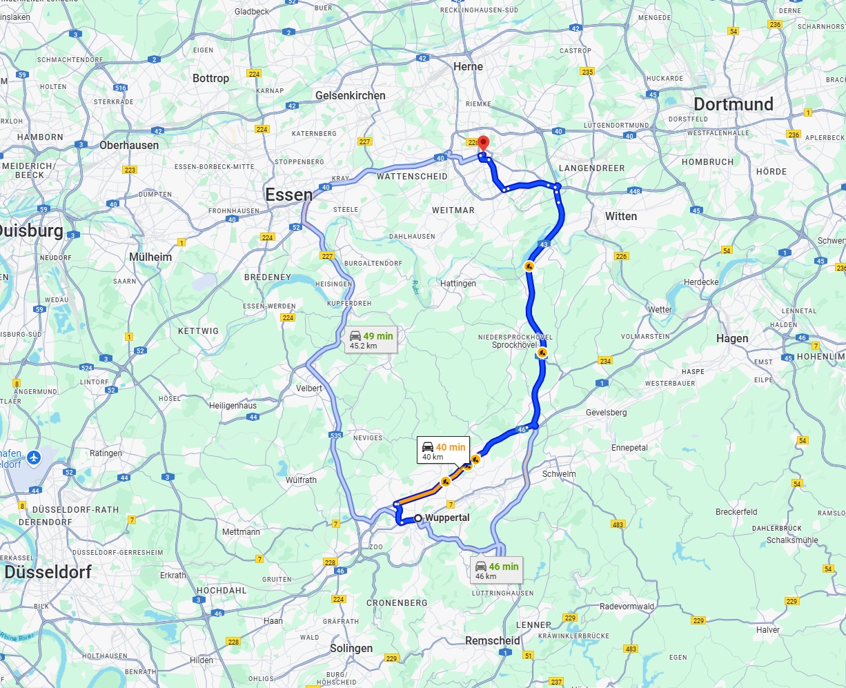 Anreise von Wuppertal Zu Bochum Über via A46 and A43