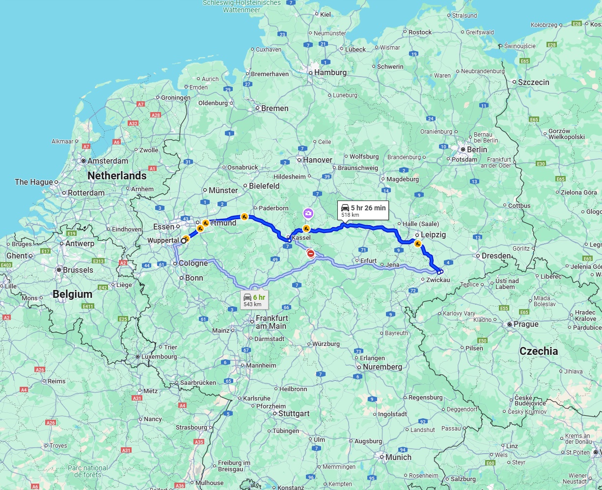 Anreise von Wuppertal Zu Chemnitz Über via A44 and A38