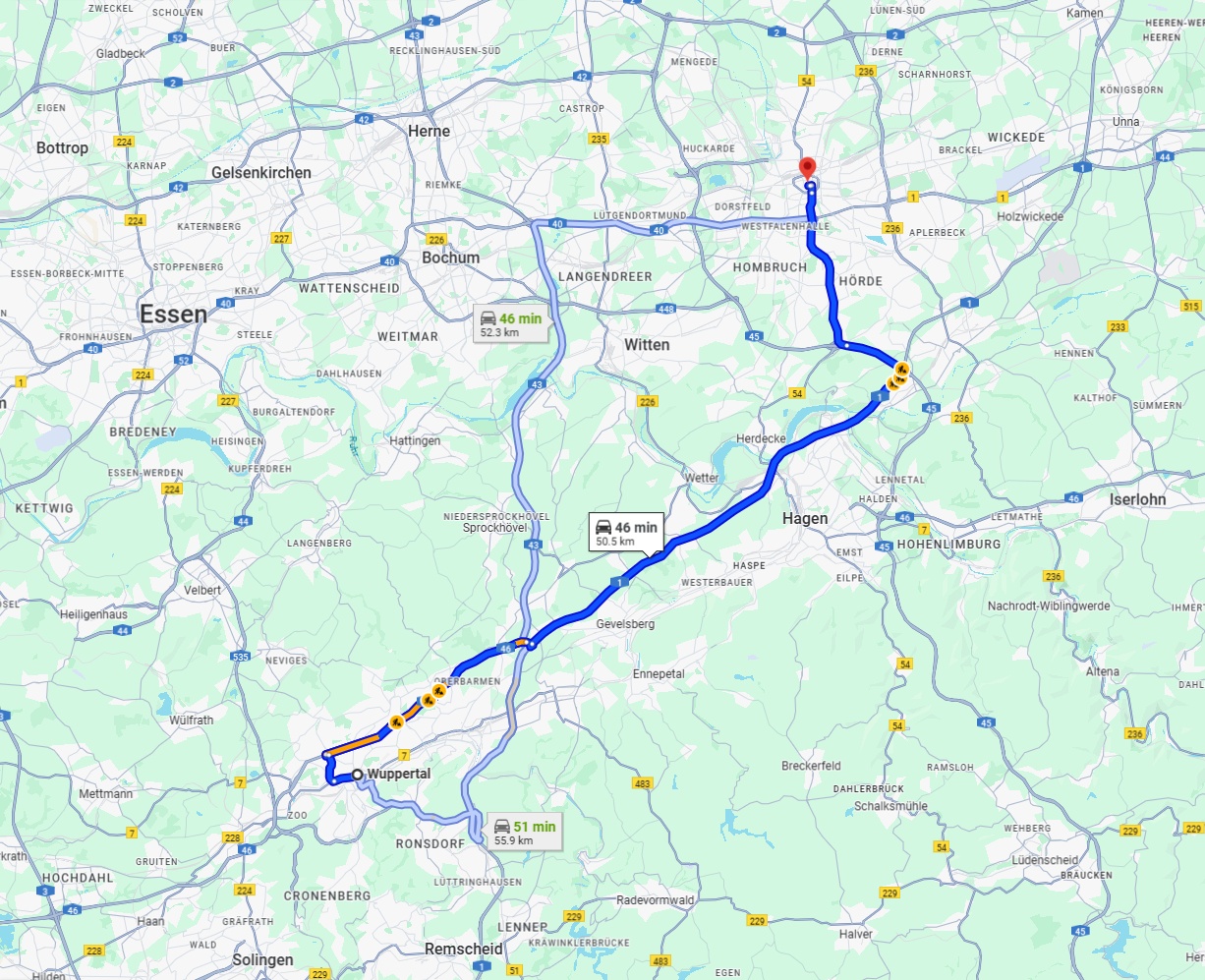 Anreise von Wuppertal Zu Dortmund Über via A1