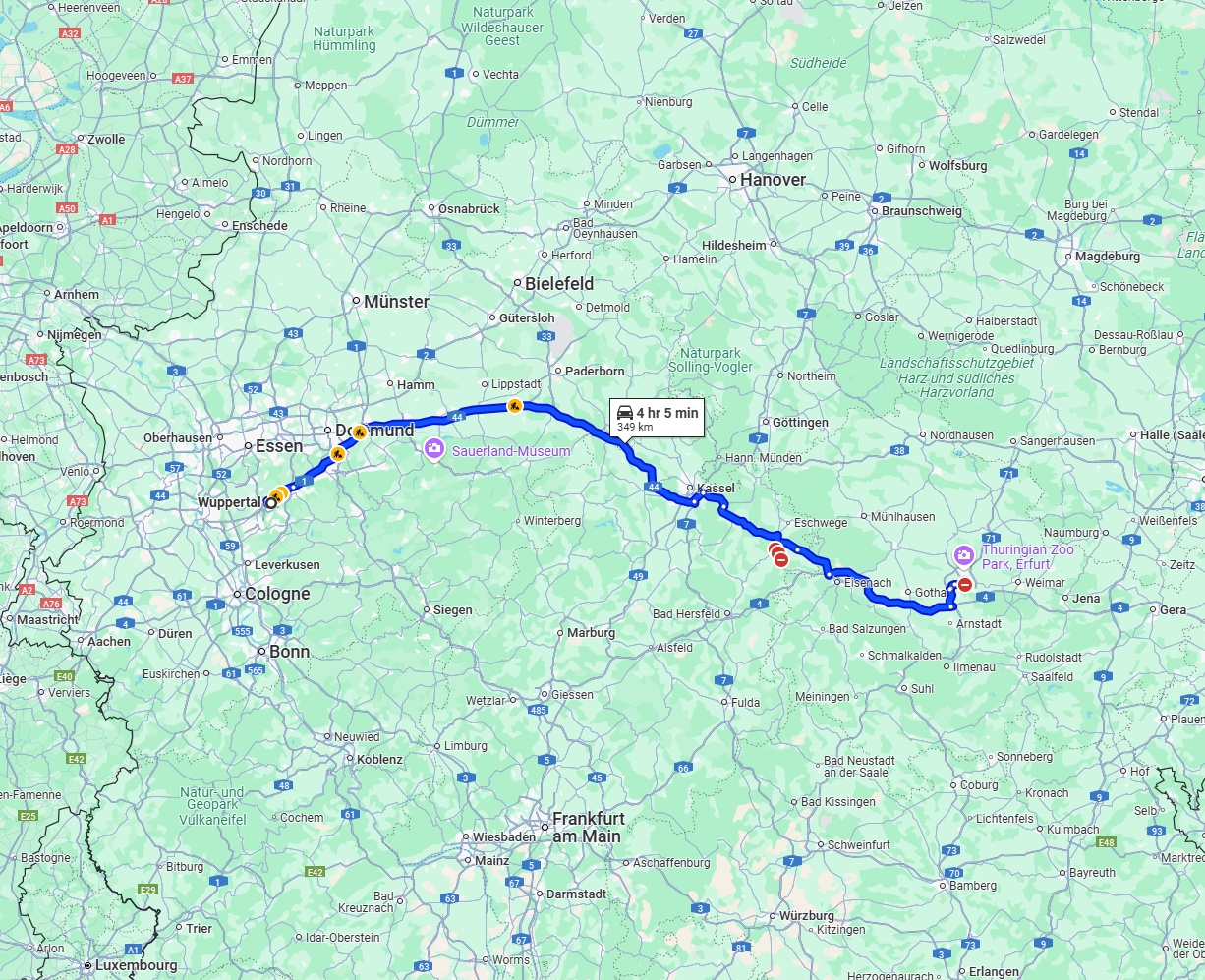 Anreise von Wuppertal Zu Erfurt Über via A44