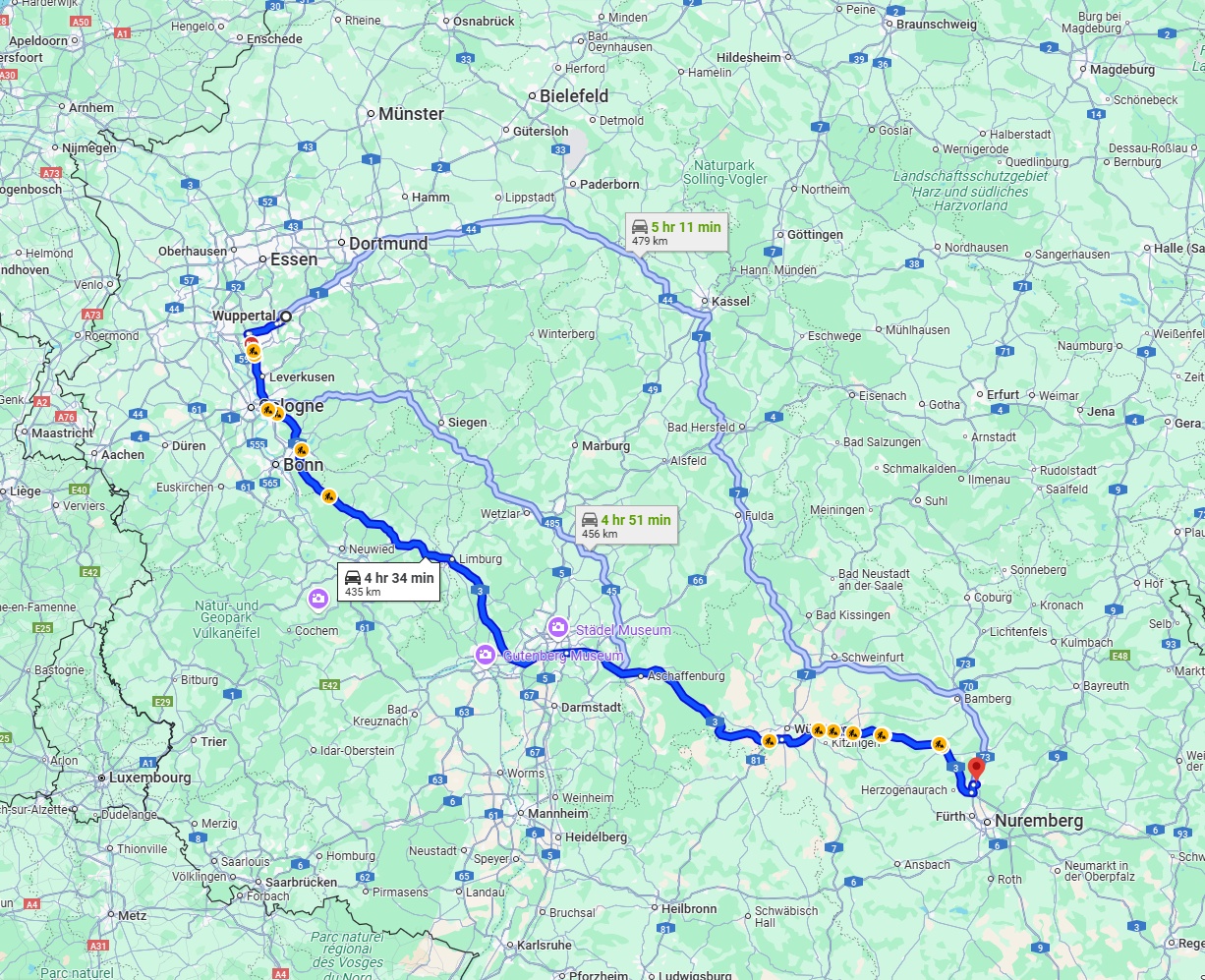 Anreise von Wuppertal Zu Erlangen Über via A3