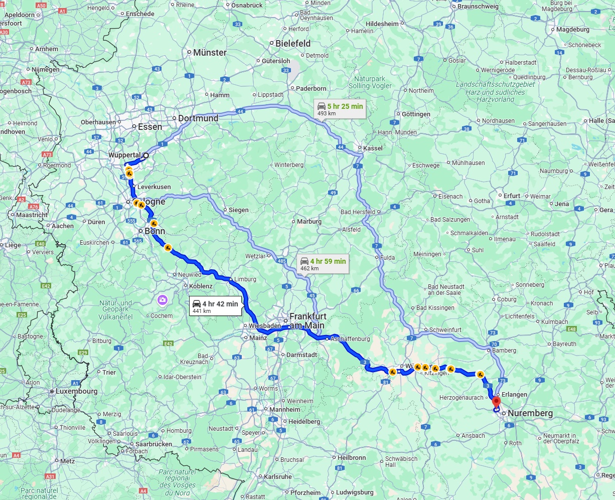 Anreise von Wuppertal Zu Fürth Über via A3