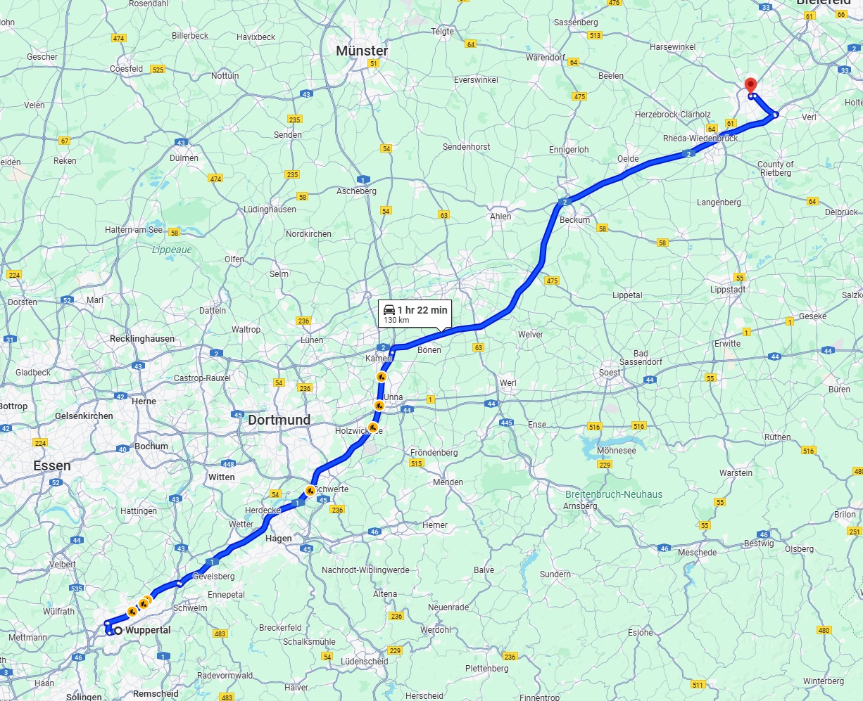 Anreise von Wuppertal Zu Gütersloh Über via A1 and A2