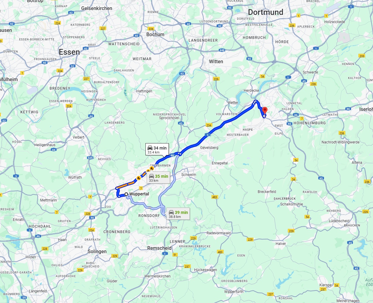 Anreise von Wuppertal Zu Hagen Über via A46 and A1