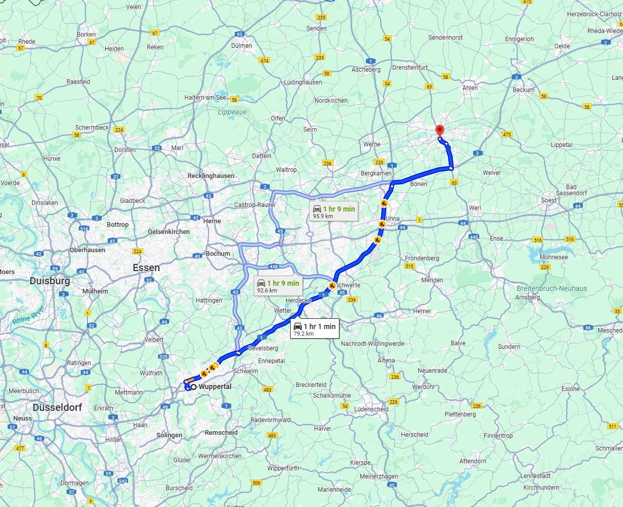 Anreise von Wuppertal Zu Hamm Über via A1