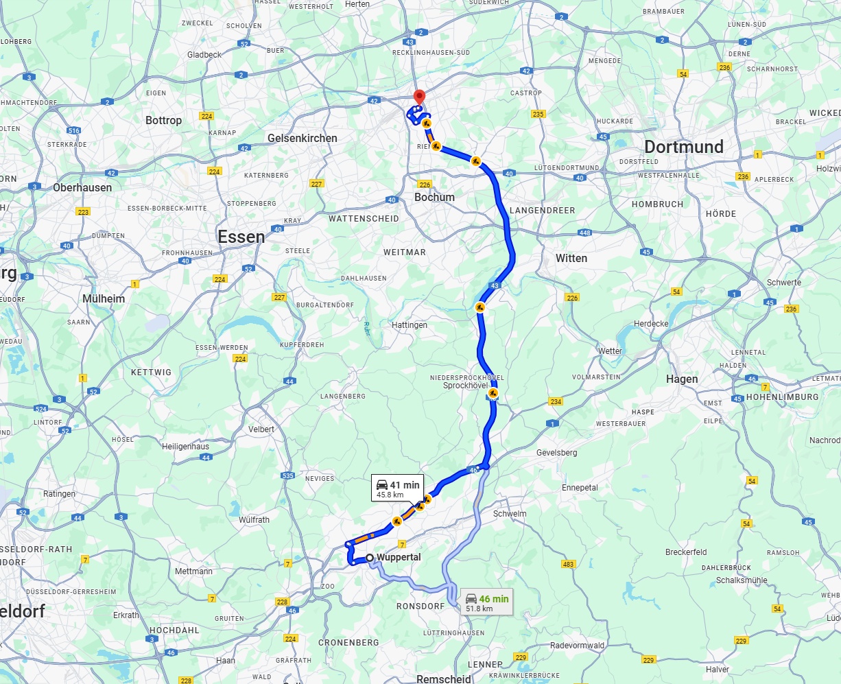 Anreise von Wuppertal Zu Herne Über via A43
