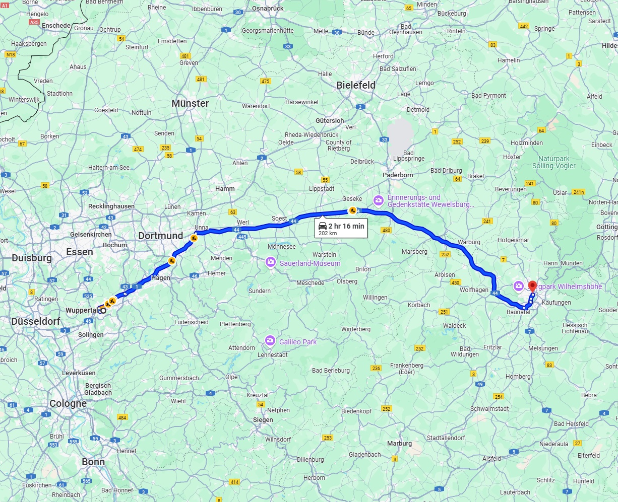 Anreise von Wuppertal Zu Kassel Über via A44