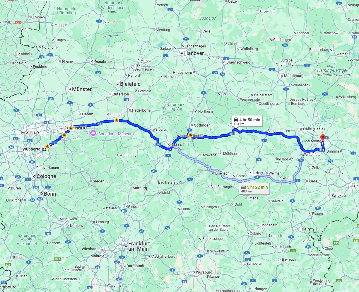 Anreise von Wuppertal Zu Leipzig Über via A44 and A38