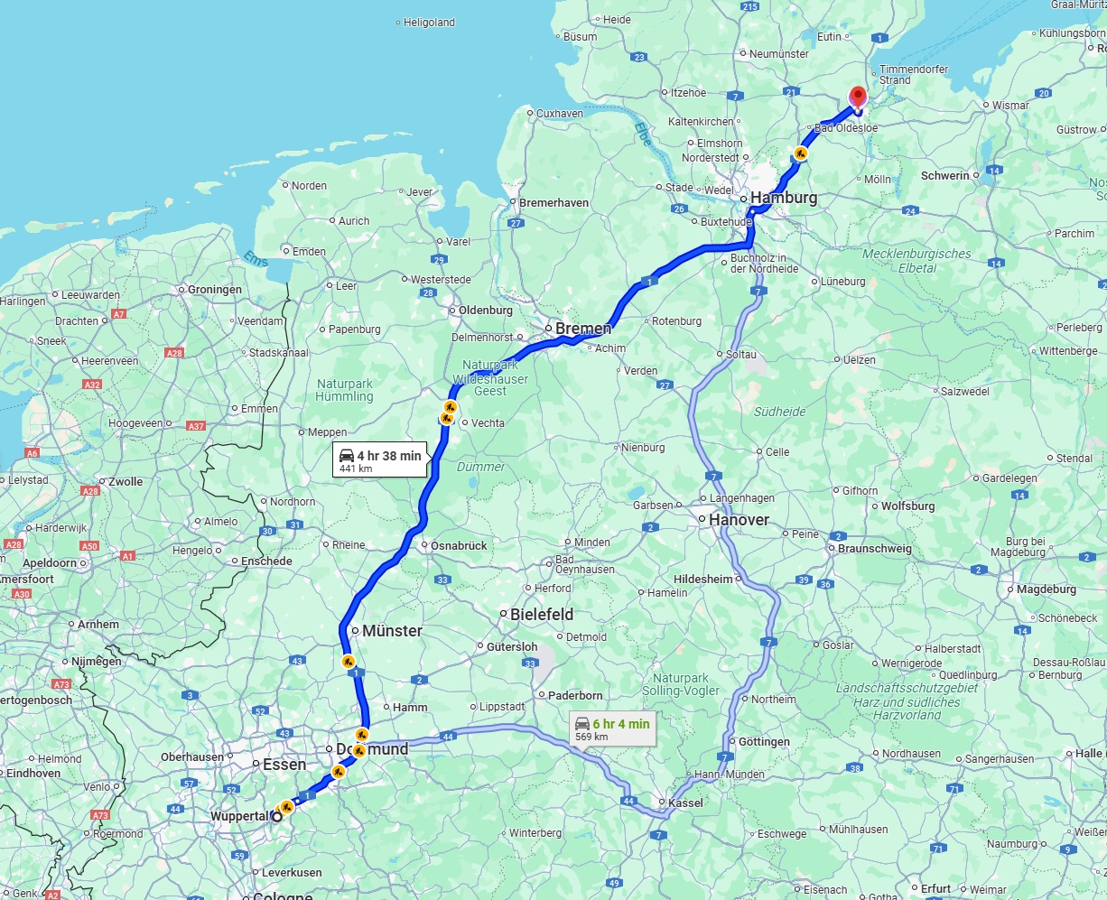 Anreise von Wuppertal Zu Lübeck Über via A1