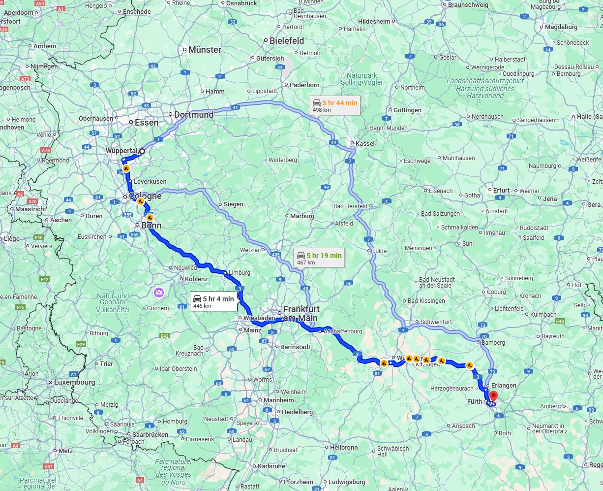 Anreise von Wuppertal Zu Nürnberg Über via A3
