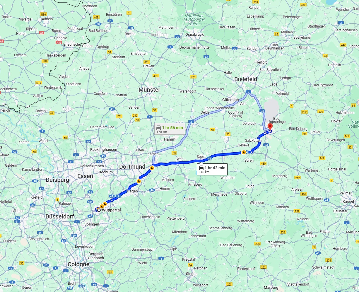Anreise von Wuppertal Zu Paderborn Über via A1 and A44