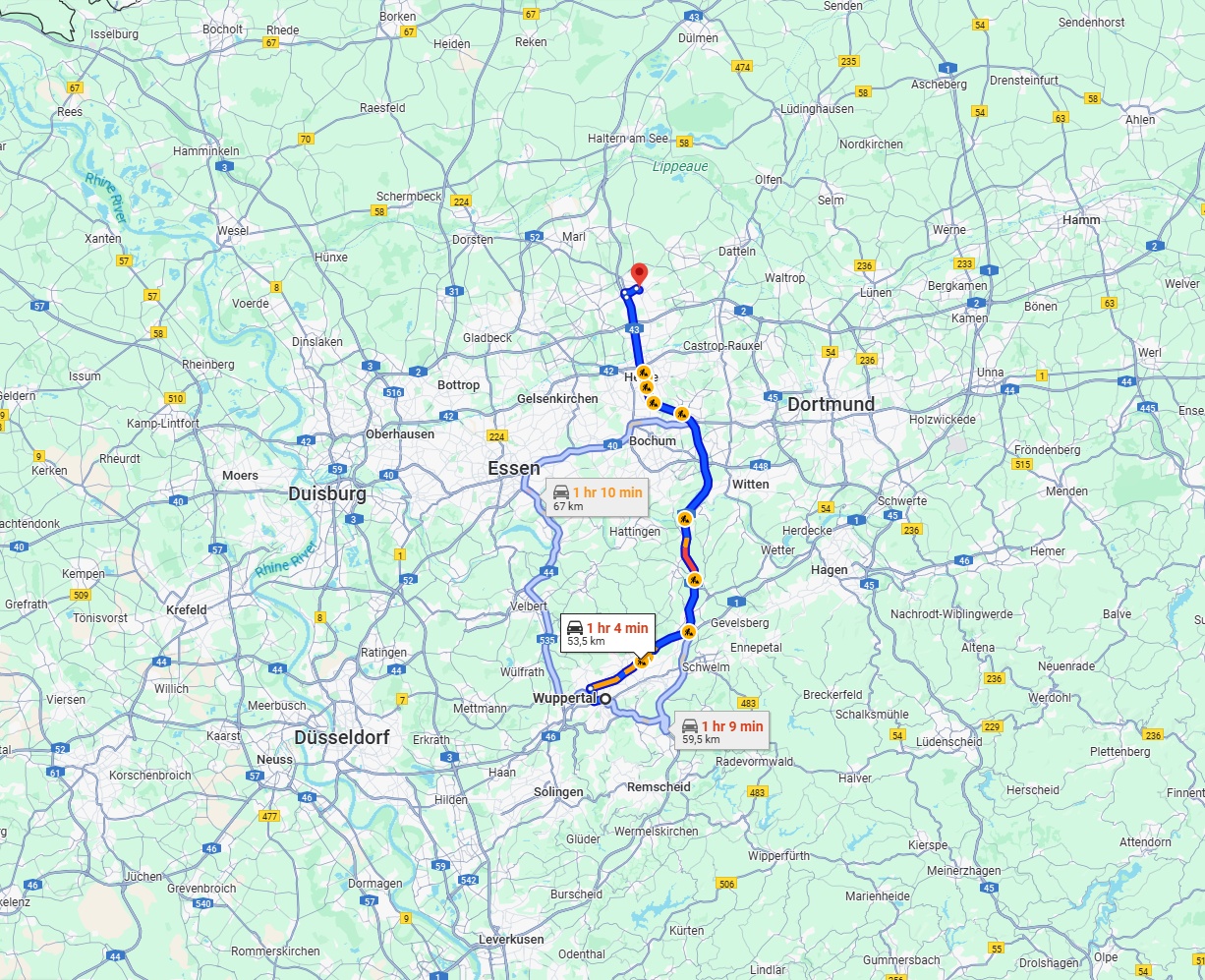 Anreise von Wuppertal Zu Recklinghausen Über via A43