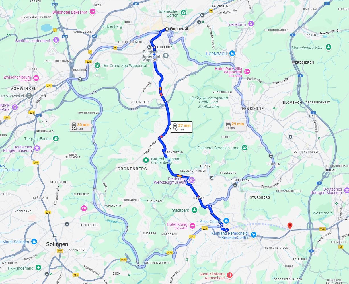 Anreise von Wuppertal Zu Remscheid Über via Hastener Str.