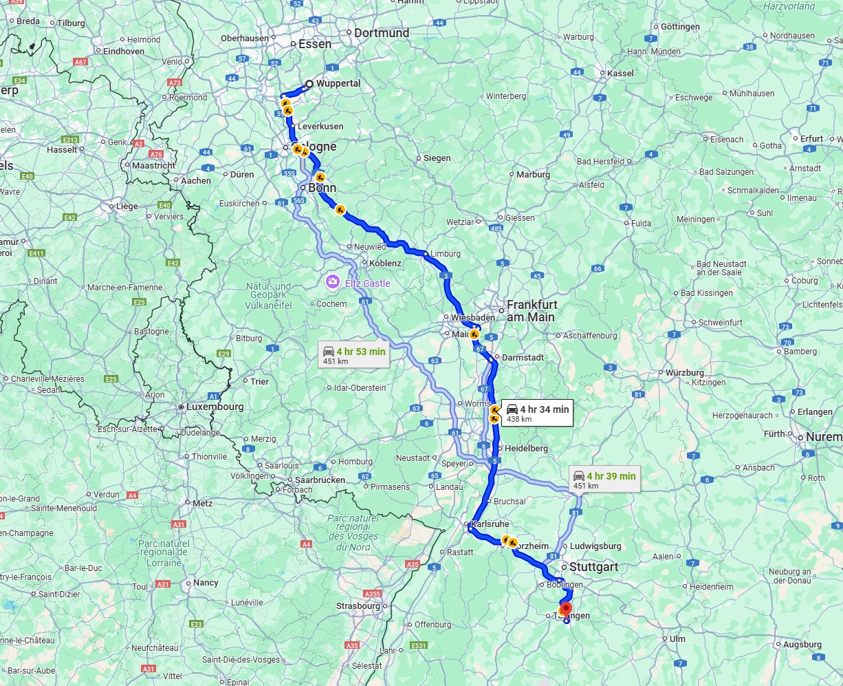 Anreise von Wuppertal Zu Reutlingen Über via A3