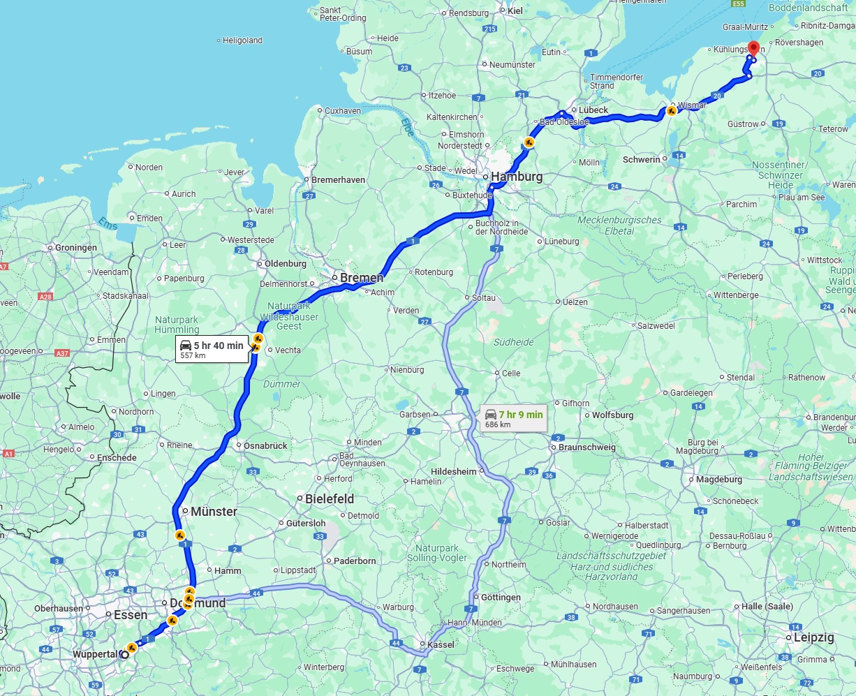 Anreise von Wuppertal Zu Rostock Über via A1