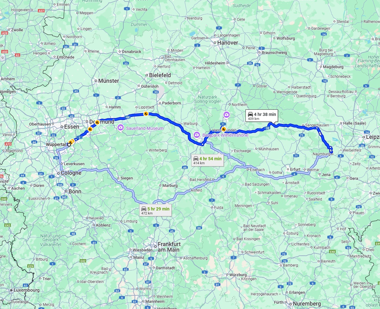 Anreise von Wuppertal Zu Saale Über via A44 and A38