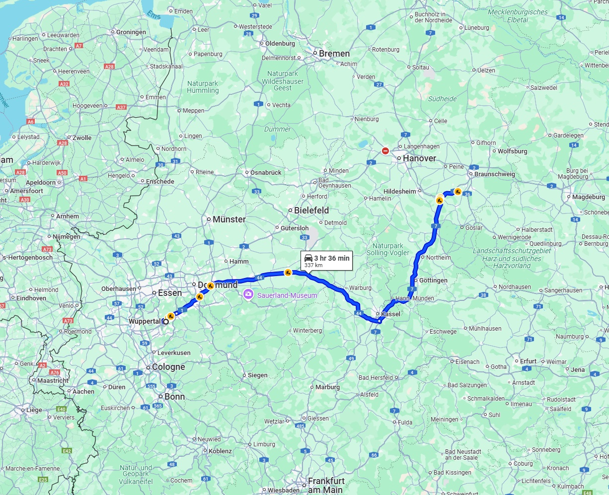 Anreise von Wuppertal Zu Salzgitter Über via A44 and A7