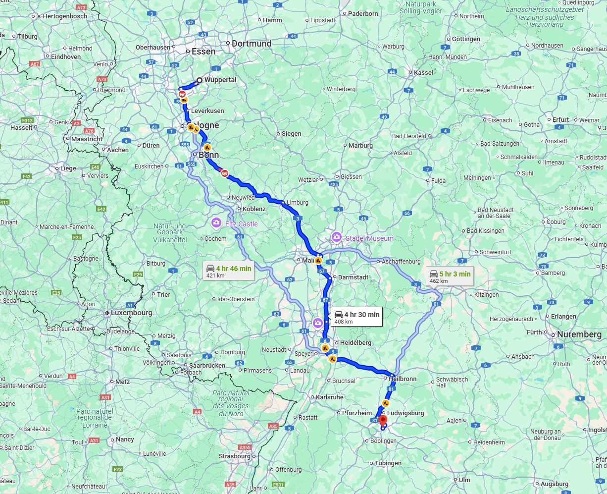 Anreise von Wuppertal Zu Stuttgart Über via A3