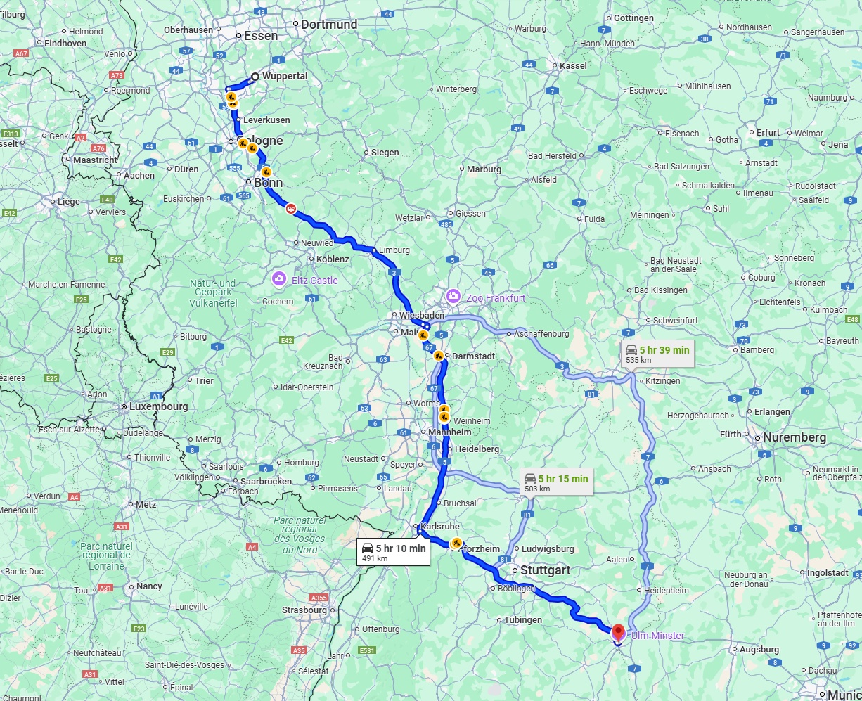 Anreise von Wuppertal Zu Ulm Über via A3 and A8