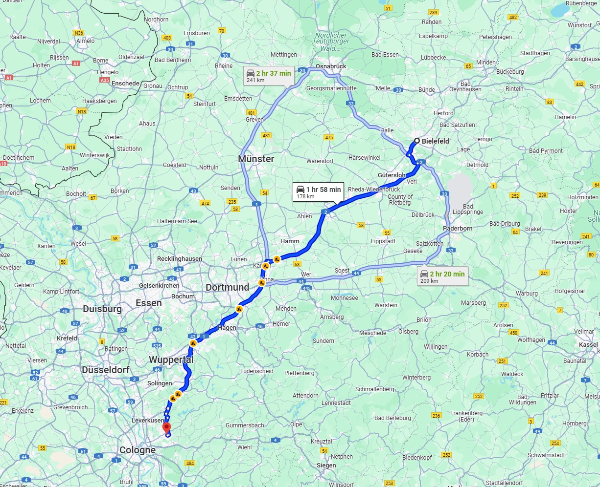 Anreise von Bielefeld Zu Bergisch Gladbach Über via A2 and A1