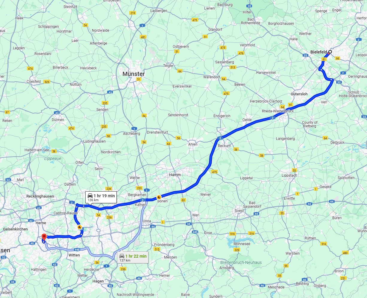 Anreise von Bielefeld Zu Bochum Über via A2