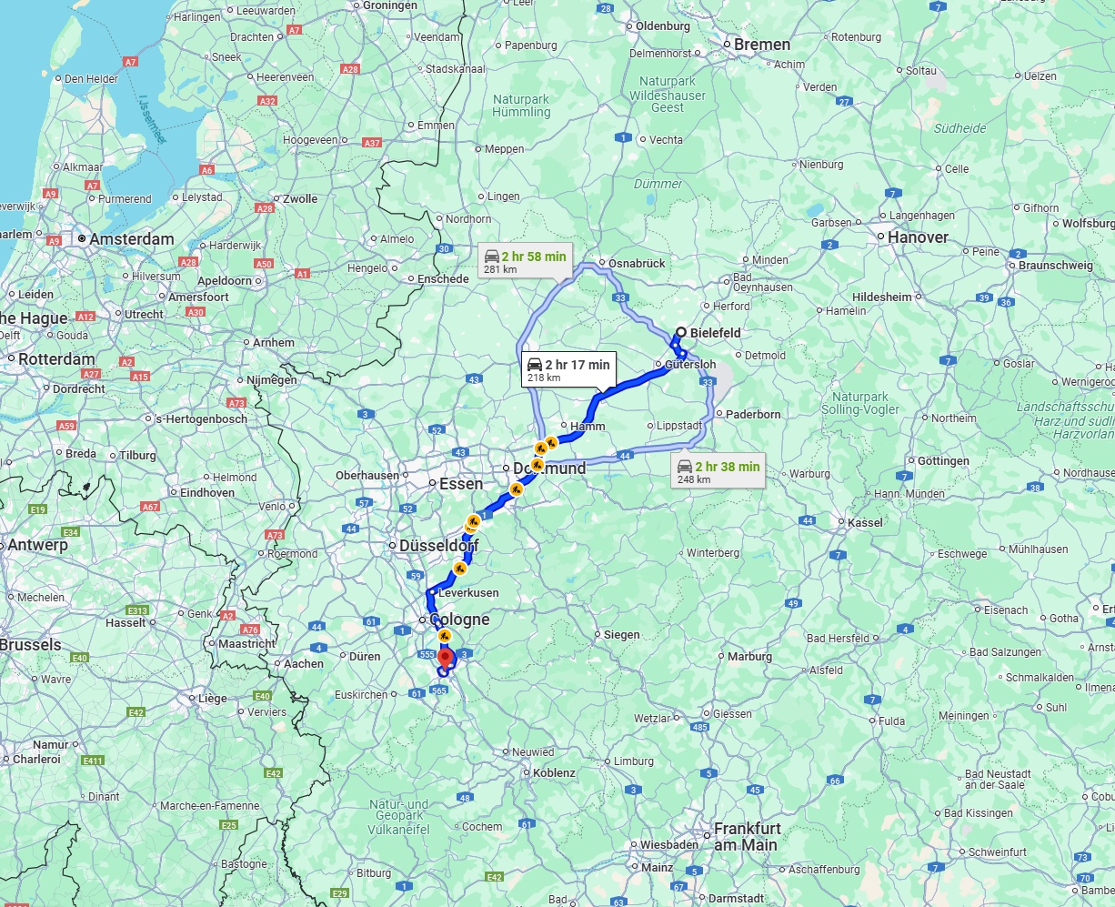 Anreise von Bielefeld Zu Bonn Über via A2 and A1