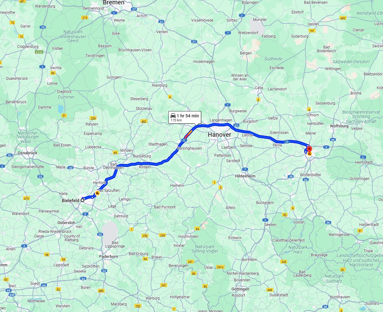 Anreise von Bielefeld Zu Braunschweig Über via A2
