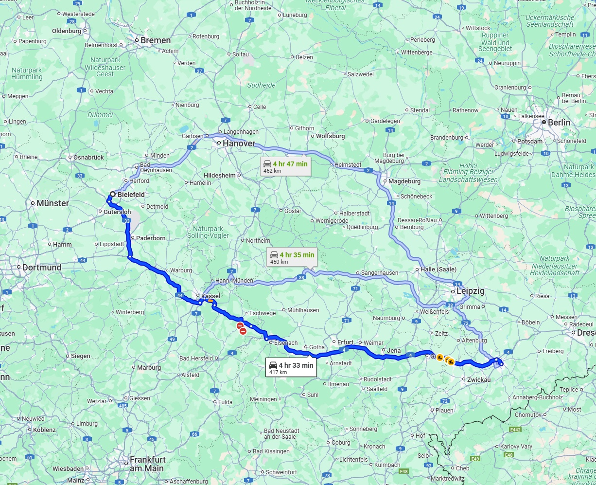 Anreise von Bielefeld Zu Chemnitz Über via A4