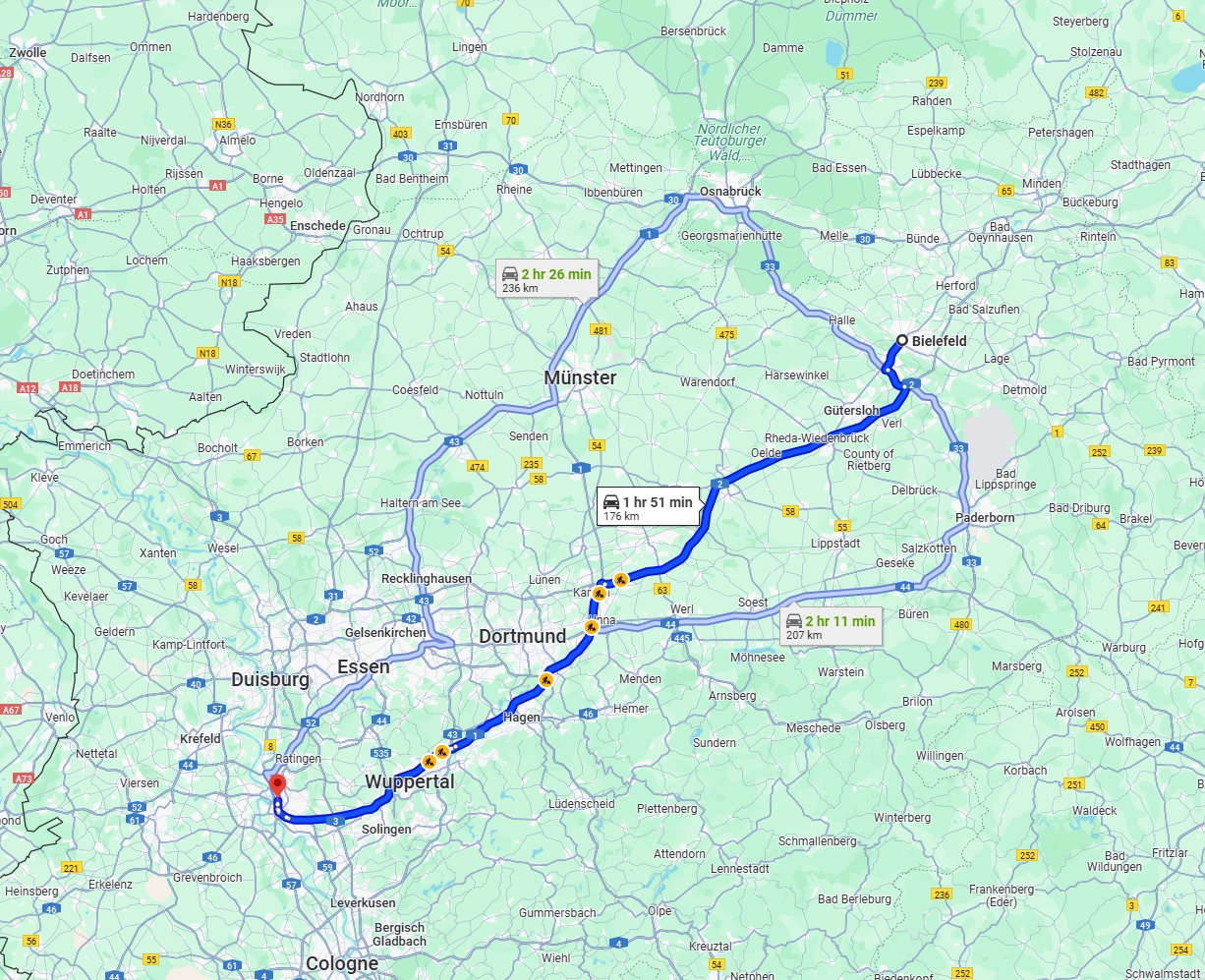 Anreise von Bielefeld Zu Düsseldorf Über via A2 and A1