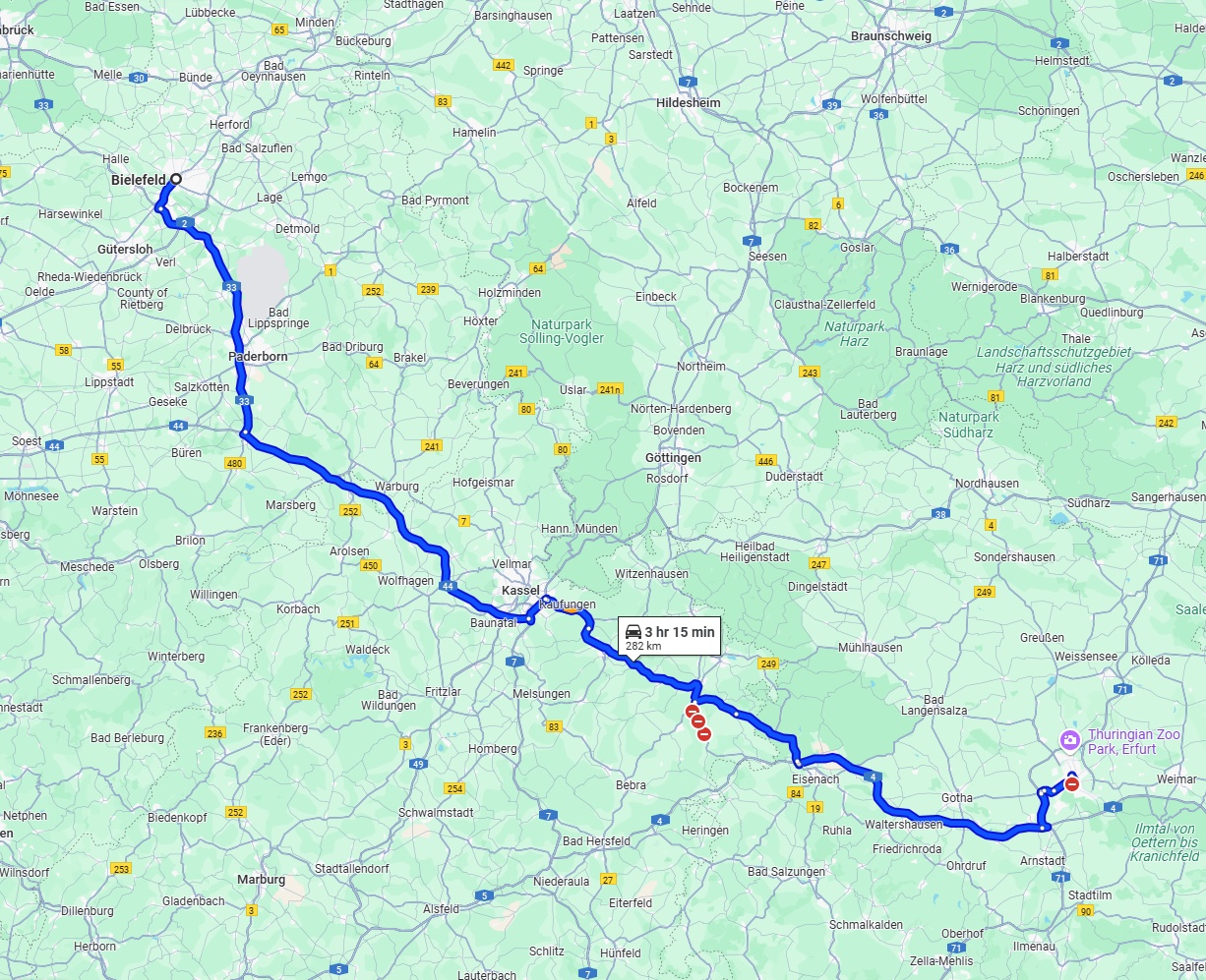 Anreise von Bielefeld Zu Erfurt Über via A44